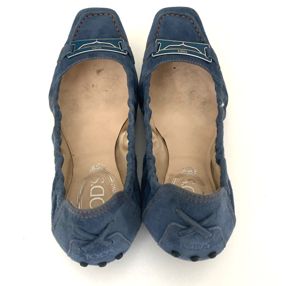 TOD's Ballet Flat Square Toe Blue Scrunch Elastic Suede Slip On Loafer 7.5 - Picture 7 of 12